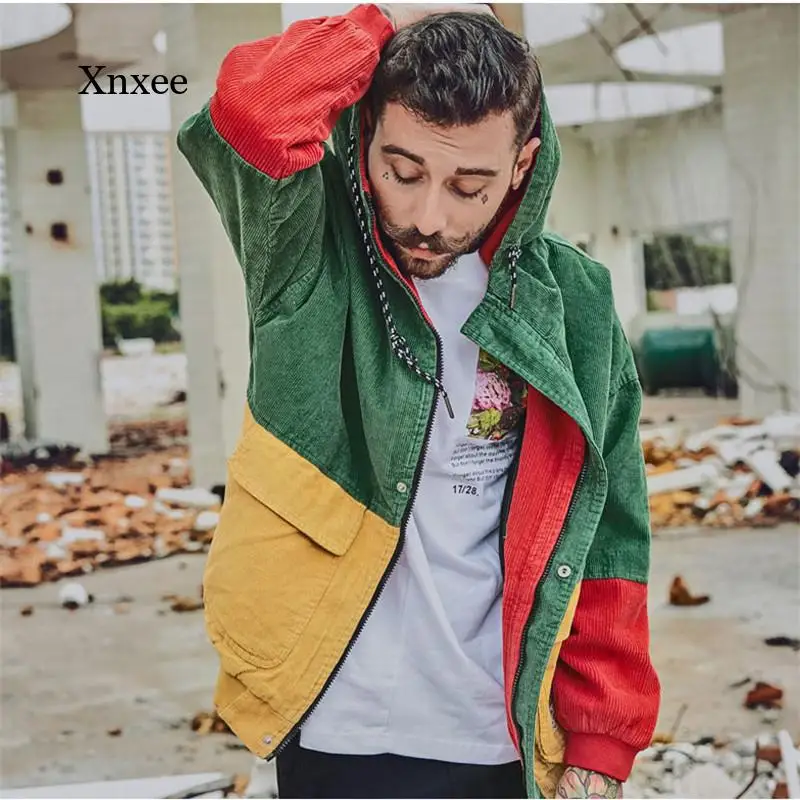 Men's Colorblock Patchwork Corduroy Hooded Jacket Hip Hop Zip Hoodie Jacket Men's Casual Streetwear Jacket