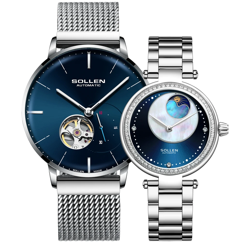 New SOLLEN Luxury Brand Japan Automatic Mechanical Couple's Watches Waterproof Diamond Moon Phase Sapphire Skeleton Clock SL520