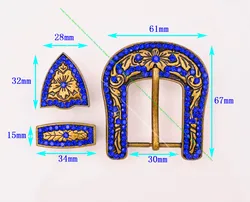 ブリンブリンアンティーク真鍮西部カウボーイロデオ3個セット花交換ブルーラインストーンクリスタルベルトバックルフィット30ミリメートルストラップ