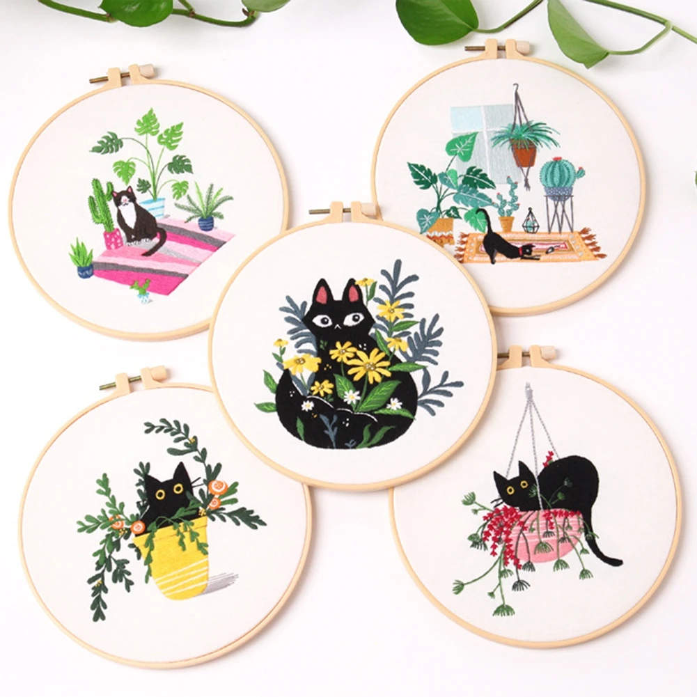 Flower Black Cat Pattern Embroidery Set Needlework Tools Printed Beginner DIY Embroidery Round Cross Stitch Kit Sewing Craft Kit