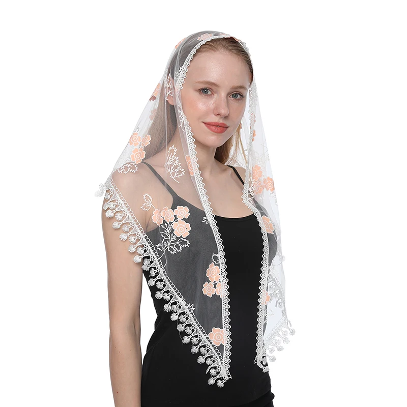 Flower Women Scarf for Church Triangle Lace Shawl Veils for the Church\'s Embroidered Spanish Mantilla Lace Transparent Shawl