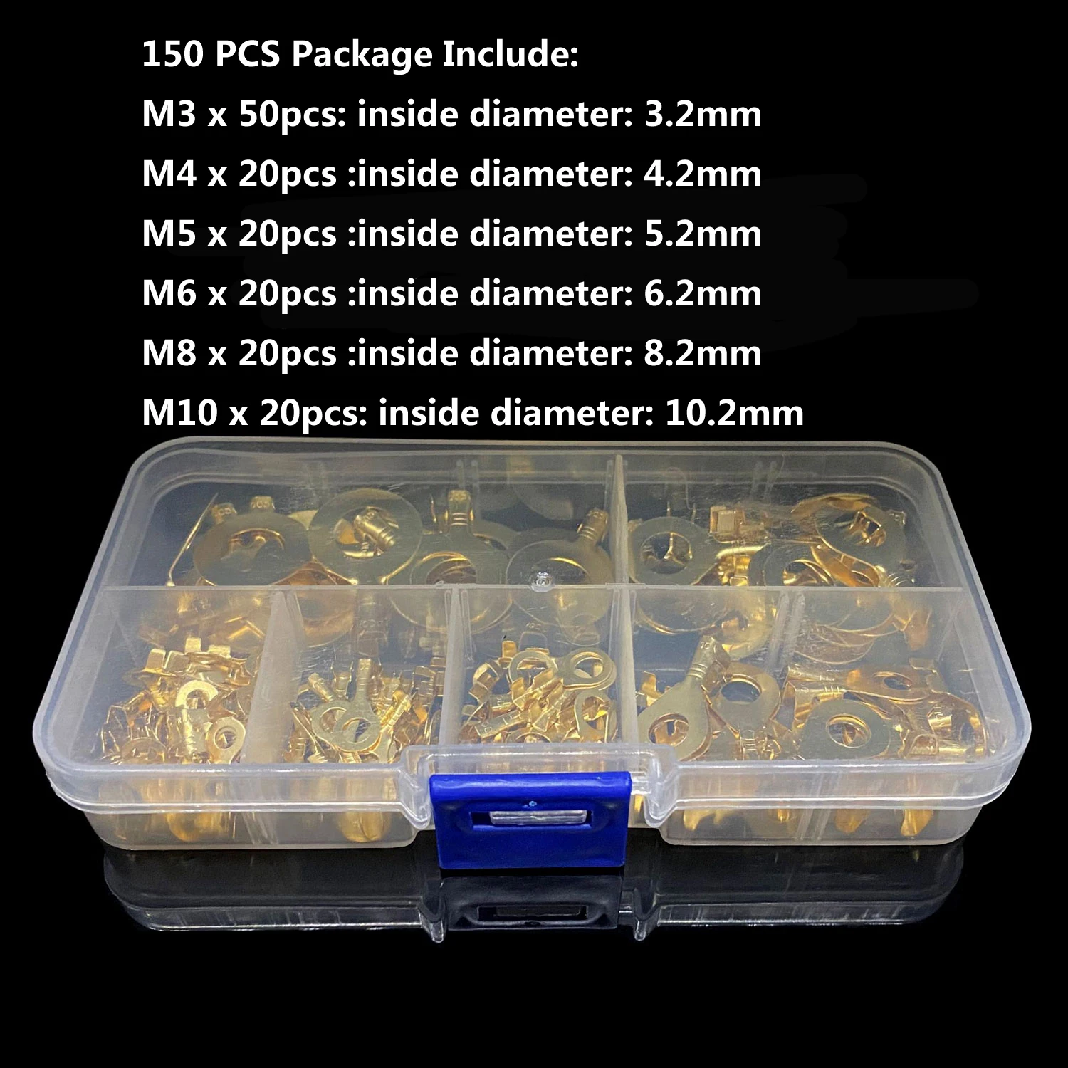 

150PCS M3/M4/M5/M6/M8/M10 Ring Lugs Eyes Copper Crimp Terminals Cable Lug Wire Connector Non-insulated Assortment Kit