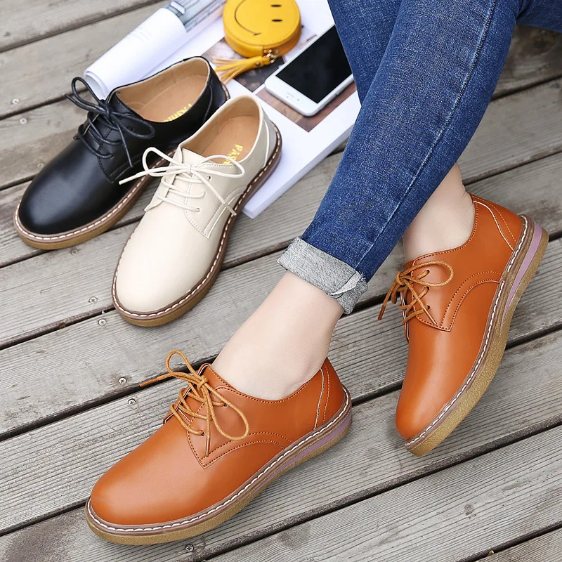 Women Flats New British Style Oxford Shoes Women Casual Lace Up Genuine Leather Flats Shoes Female Sneakers Ladies Shoes