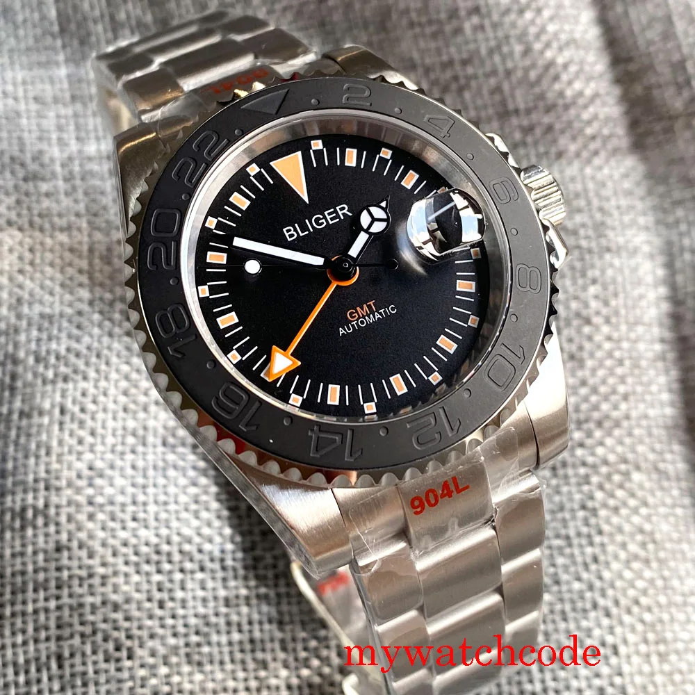 Бренд Bliger, 40 мм, новые GMT Mingzhu 3804, черные/белые механические автоматические мужские часы с сапфировым стеклом, вращающийся безель, светящиеся метки