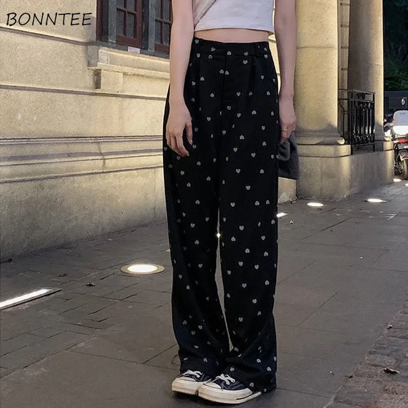 Pants Women Loose Print Casual Full Length Trousers Elastic Waist Daily Preppy Style Harajuku Vintage Ulzzang Comfortable Chic