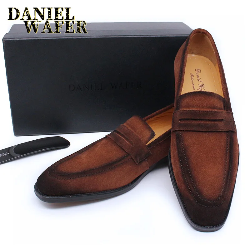 Luxury Men\'s Loafers Shoes Suede Leather Penny Loafer Slip On Brown Black Man Casual Shoe Office Wedding Dress Summer Shoes 2020