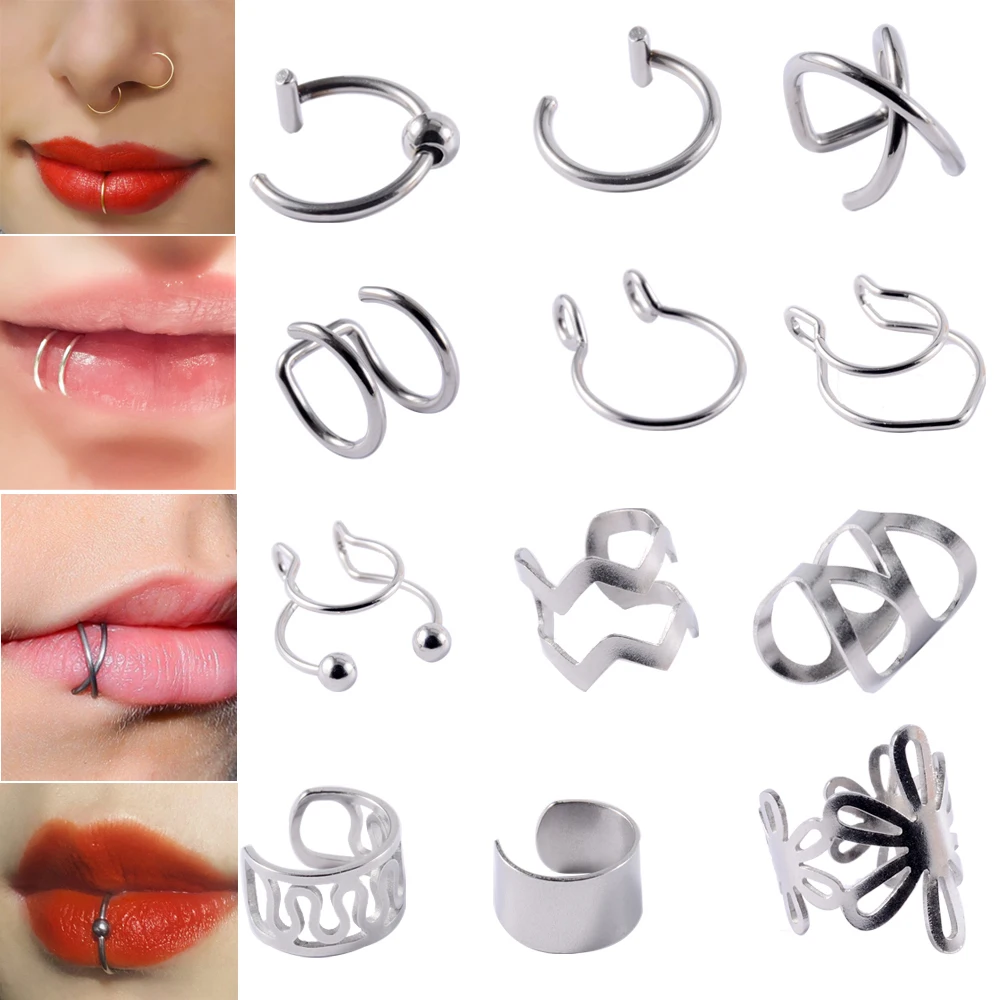 12PCS Surgical Steel Adjustable Size Clip On Earrings Ear Helix Cartilage Conch Cuff  Nose Hoop Non Pierce Lip Ring Fake Jewelry