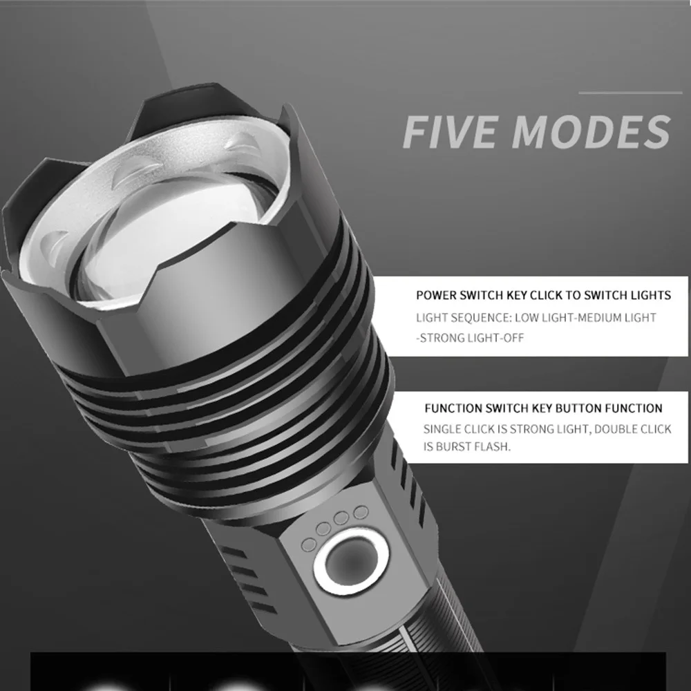 Linterna LED con 5 modos de iluminación, linterna para montar por la noche, acampar, senderismo, caza y actividades en interiores, batería recargable 26650