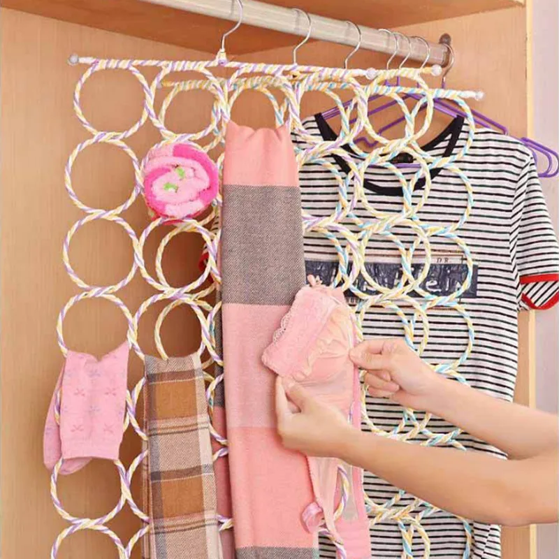 9/12/16/28 Hole Ring Rope Shawl Multi Display Scarf Belt Tie Slots Holder Clothes Storage Hanger Organizer Rack Foldable