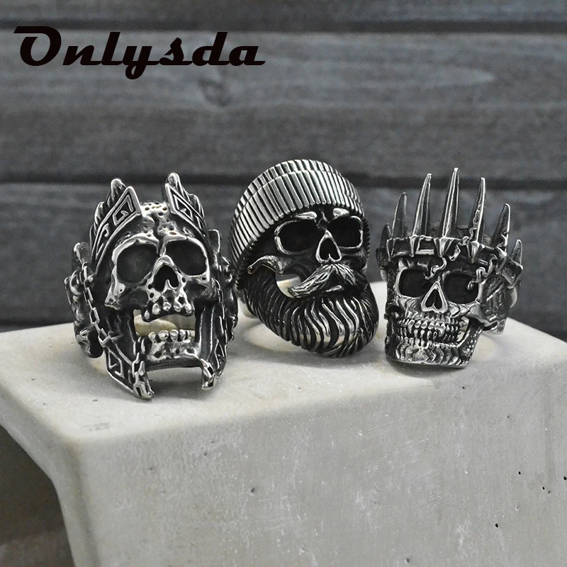 Gothic Vintage 316L Stainless Steel Cool Locomotive Old Man Skull Men's Ring Punk Rock Bearded High Quality Jewelry Gift For Man