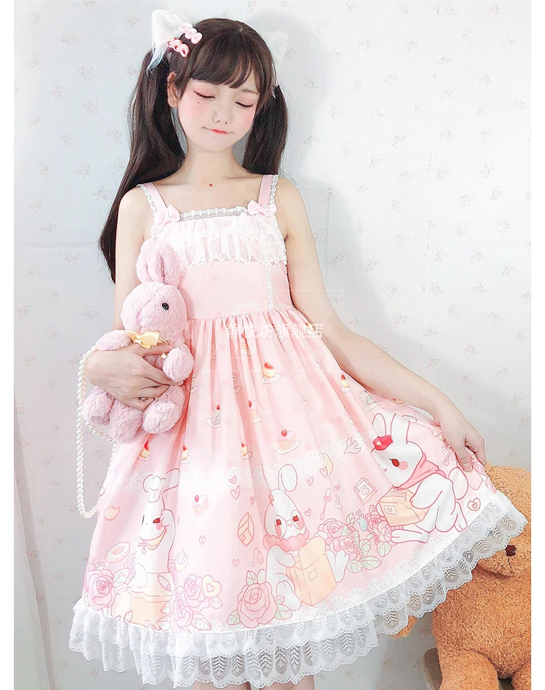 Japan stil kawaii mädchen süße lolita kleid vintage spitze bowknot nette druck hohe taille kawaii kleid loli gothic lolita jsk cos