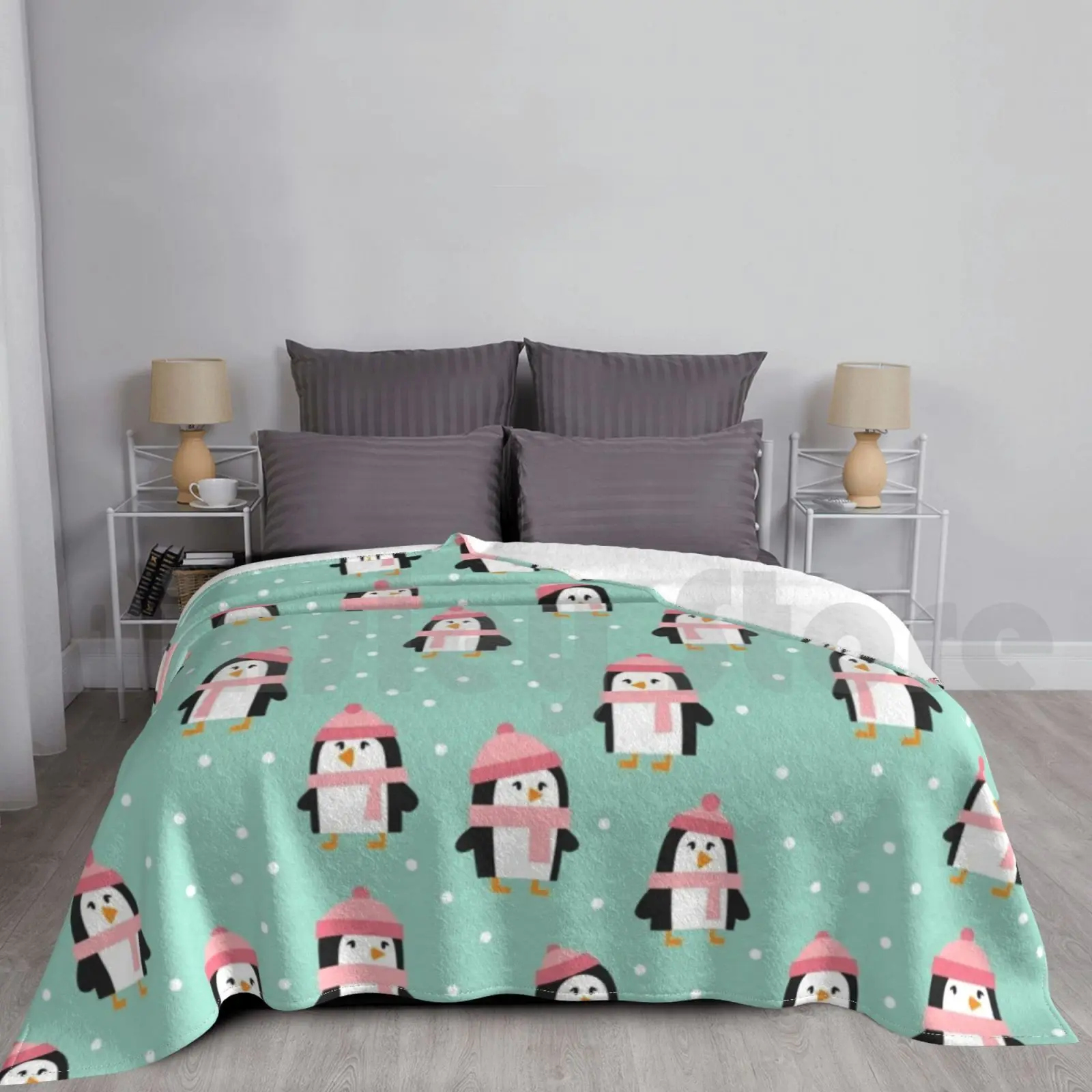 Cute Winter Penguins-Pink Hats Blanket Fashion Custom Penguins Winter Snow Blue Little Arrow Cute