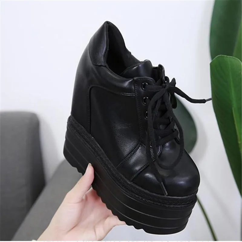 Women\'s Ankle Boots 2020 Autumn PU Leather Shoes Woman Platform Height Increased Sneakers 13.5 CM Thick Sole Wedges black boots