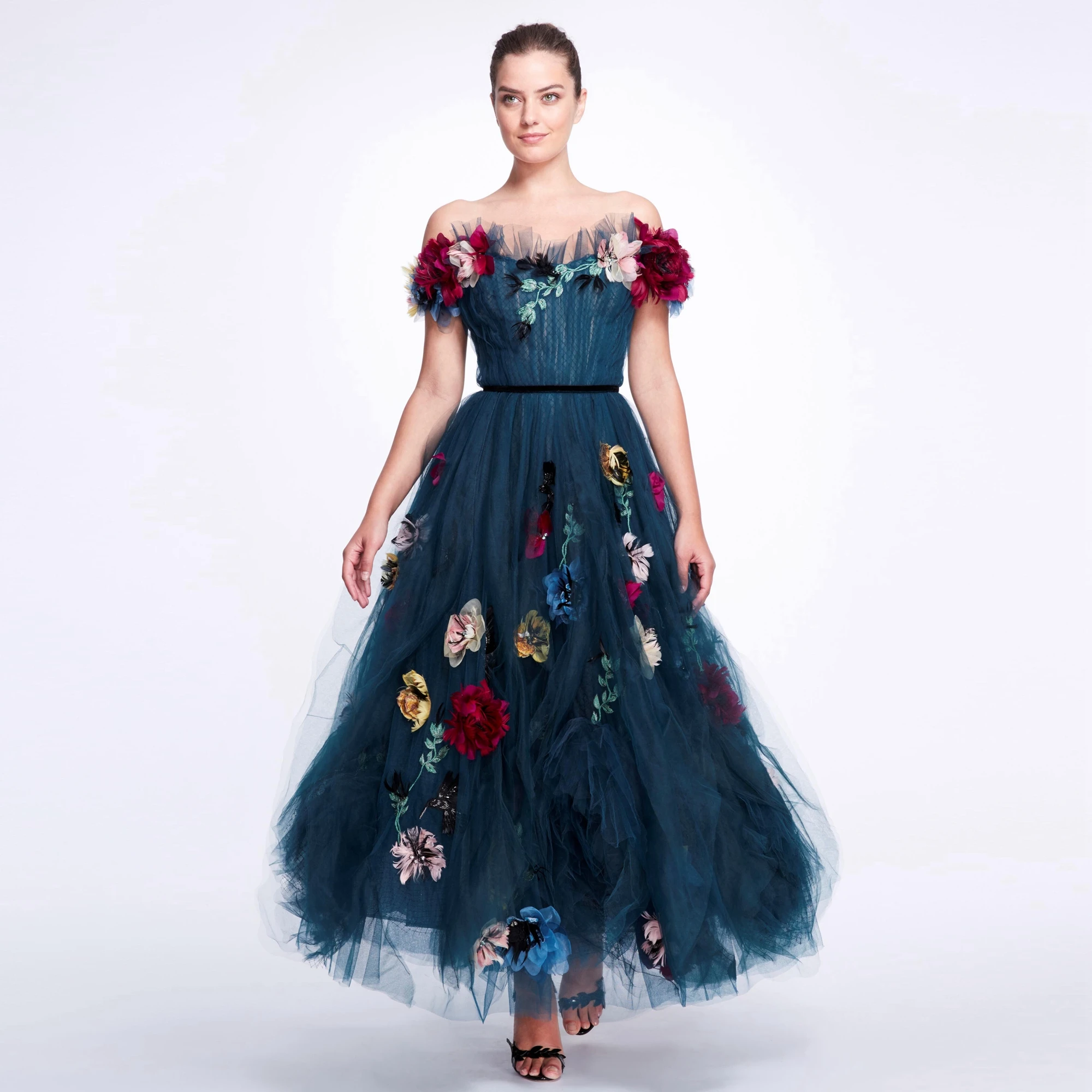 Off-Shoulder Dark Blue Sweetheart Tulle Dress Lush A-Line Floral Dresses 3D Flowered Evening Dress 2023 Ever Pretty Plus Size