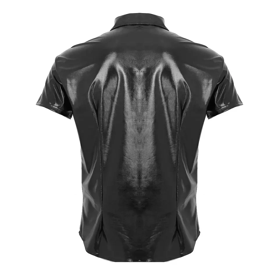 Mens Sexy Shiny Leder Tank Shirt Erotische Mantel Wetlook Latex Mantel Männlichen Glänzende Metallic PVC Leder Jacke Kurzen ärmeln tops