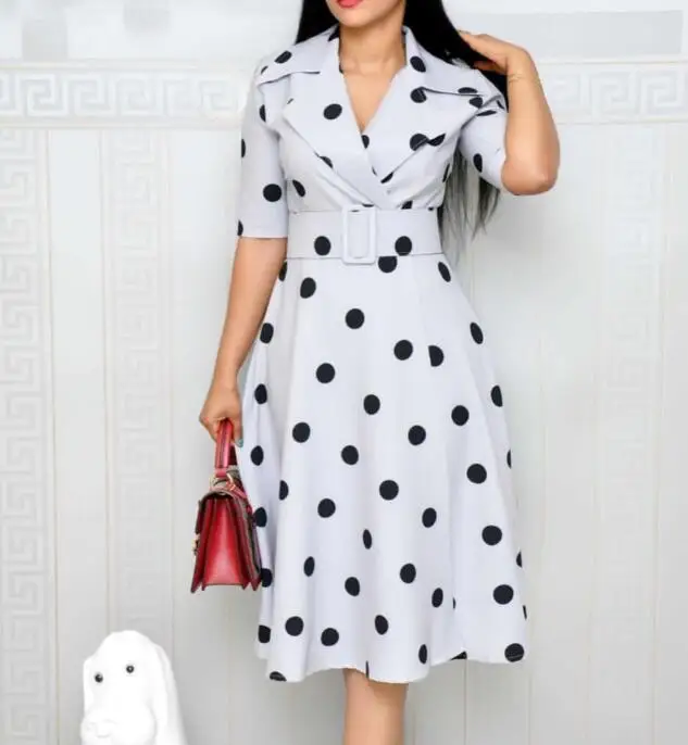 

2021 New African OL Office Dresses Lady Notched Collar Polka Dot Print 3/4 Sleeve Pachwork Big Swing Wide Belt Midi Retro Dress