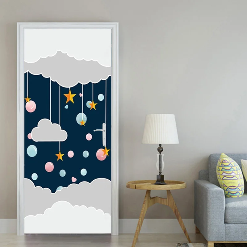 

Cartoon Night Blue Sky Cloud Stars Photo Mural PVC Waterproof Self-adhesive Door Stickers for Kids Bedroom Wall Decor DIY Poster