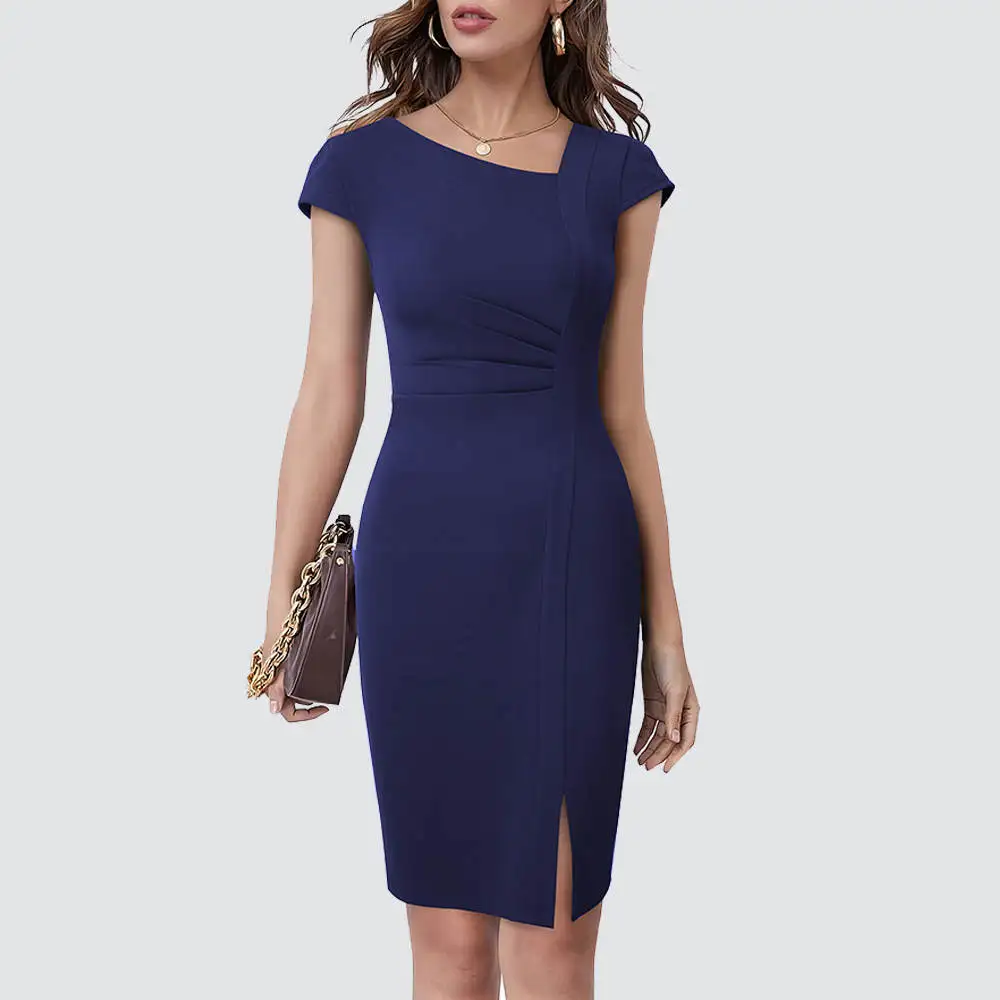 Women Business Elegant Pure Color Cap Sleeve Irregular Neckline Bodycon Slit Pencil Dress HB700