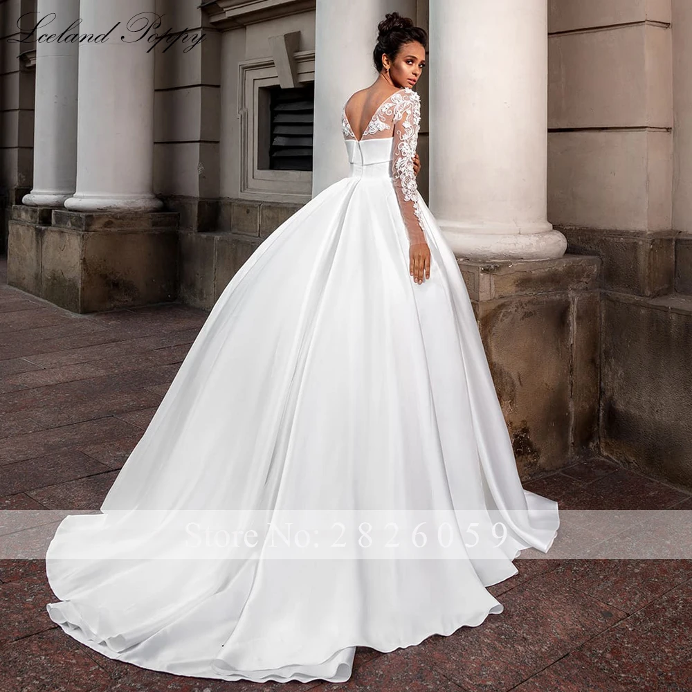 Lceland Poppy Customized A Line Satin Wedding Dresses Full Sleeves Floor Length Lace Appliques Bridal Gowns with Court Train