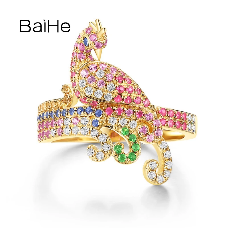 BAIHE Solid 14K Yellow Gold Natural Color Sapphire Diamond Tsavorite Bird Ring Women Banquet Stage Trendy Fine Jewelry кольцо