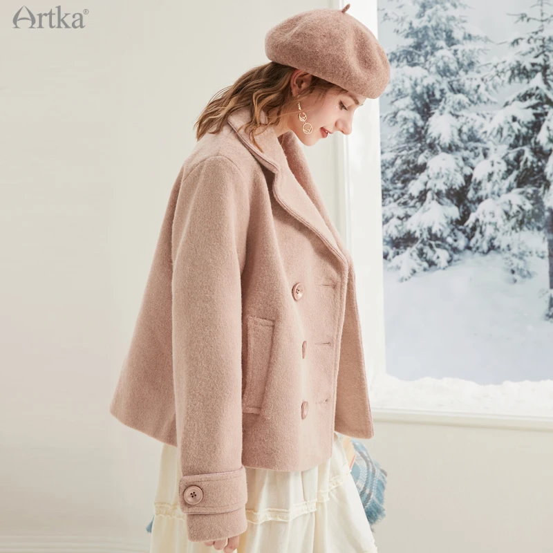 ARTKA 2021 Winter New Women Woolen Coat Elegant Double breasted Loose Woolen Jacket Thick Warm Short Woolen Outerwear FA10385Q