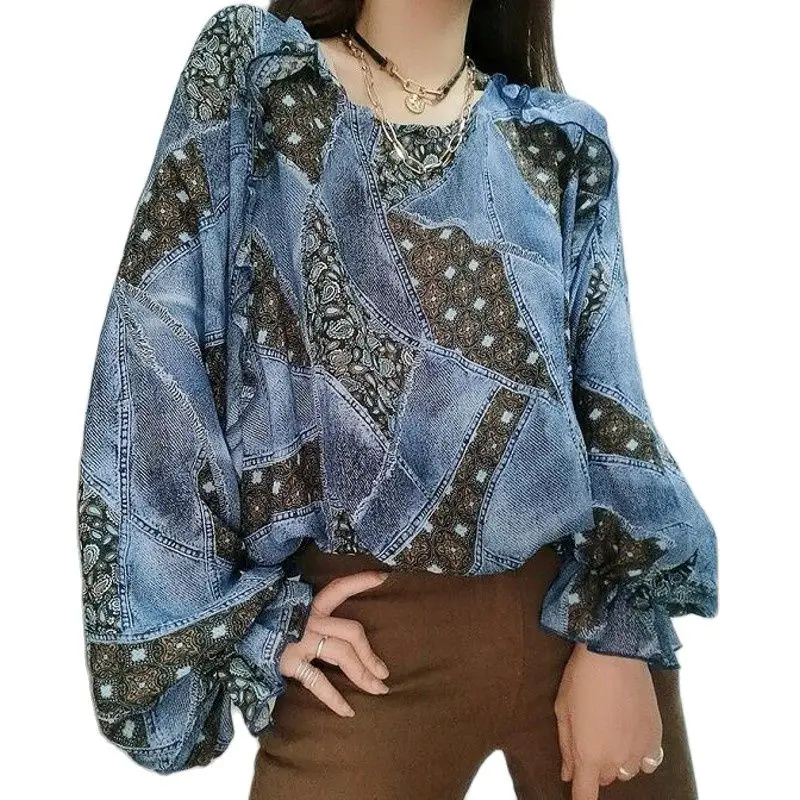 New Lantern Sleeve Elegant Shirt Blue Sexy Button Vintage Blouse Turn Down O-Neck Office Ladies Shirt Female Casua