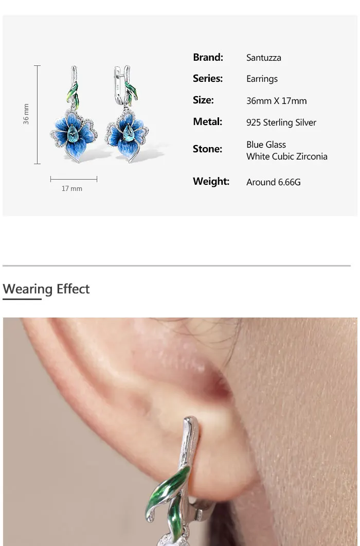 SANTUZZA Silber-Ohrhänger für Damen, Echtes 925 Sterling Silber, Elegante Blaue Blumen, Trendiger Edel-Schmuck, Handgefertigte Emaille – Detail 2