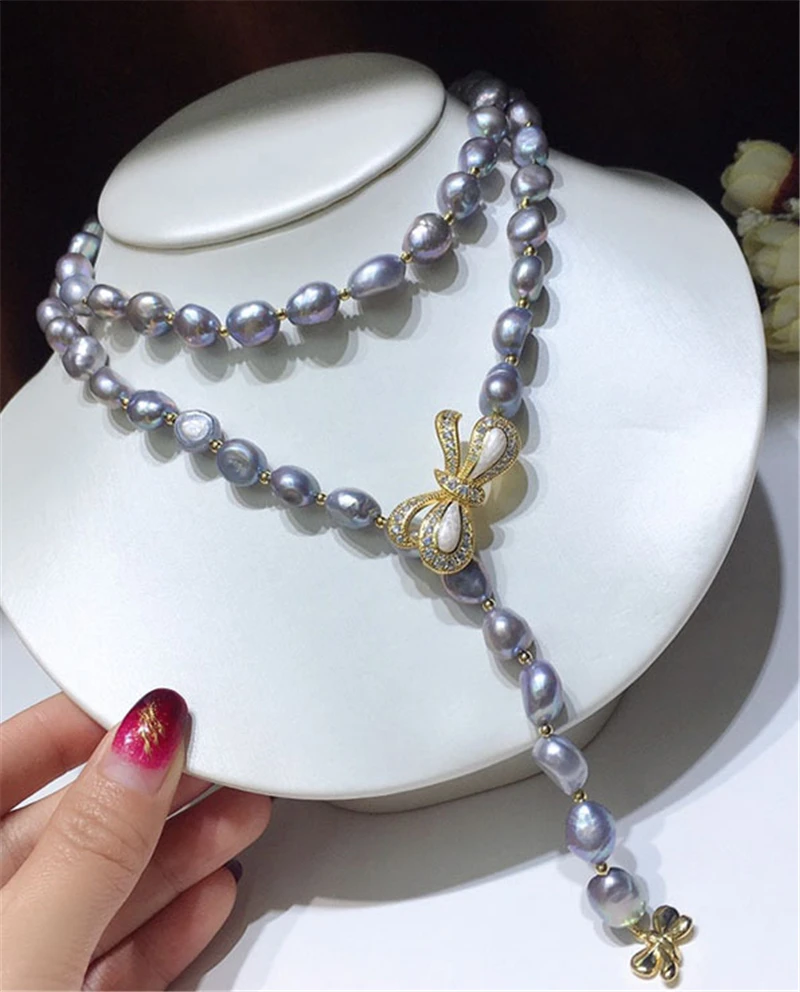 HABITOO Luxury Natural 12-13MM Gray Baroque Freshwater Pearl Gold Bead Necklace Crystal Cubic Zircon Bow Clasp Adjustable Gifts