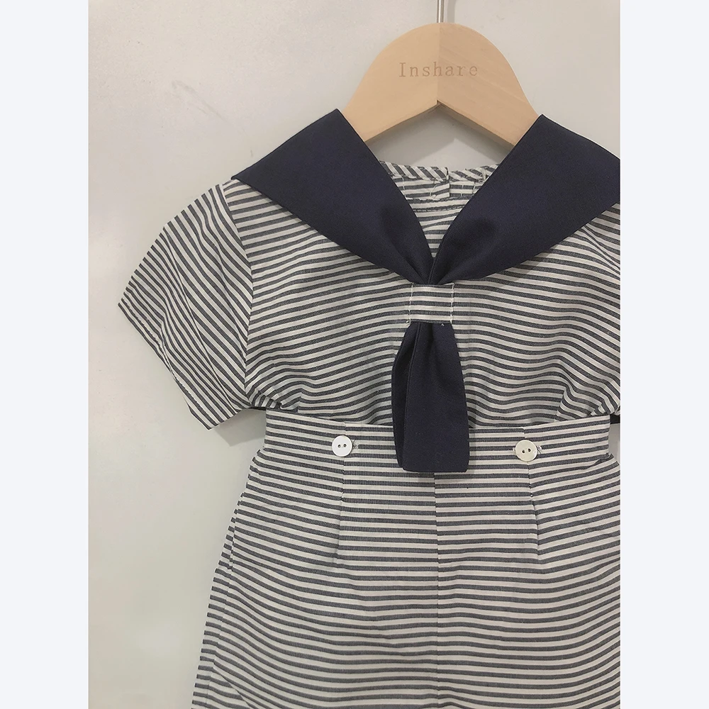 Children Boutique Spanish Clothing Boys Girls Navy Striped Clothes Short Sleeve Cotton Linen Set Sister Brother Clothes 0-6years