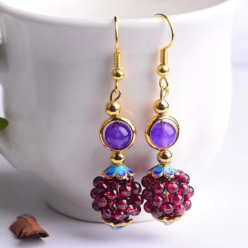 Vintage Ethnic Natural Garnet Handmade Hydrangea Drop Earrings For Women Colorful Dangle Earring Piercing Accessories Fine Gifts