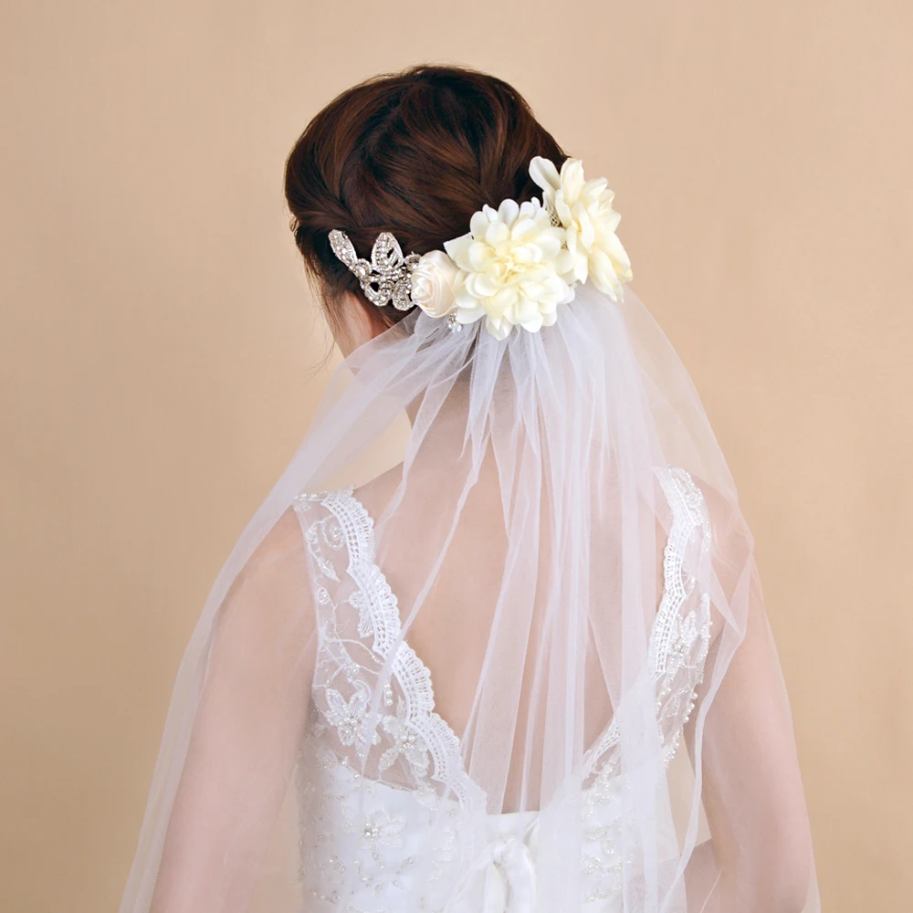 Flor artesanal tule véus de casamento com strass uma camada com pente branco marfim véu nupcial noiva casamento acessório