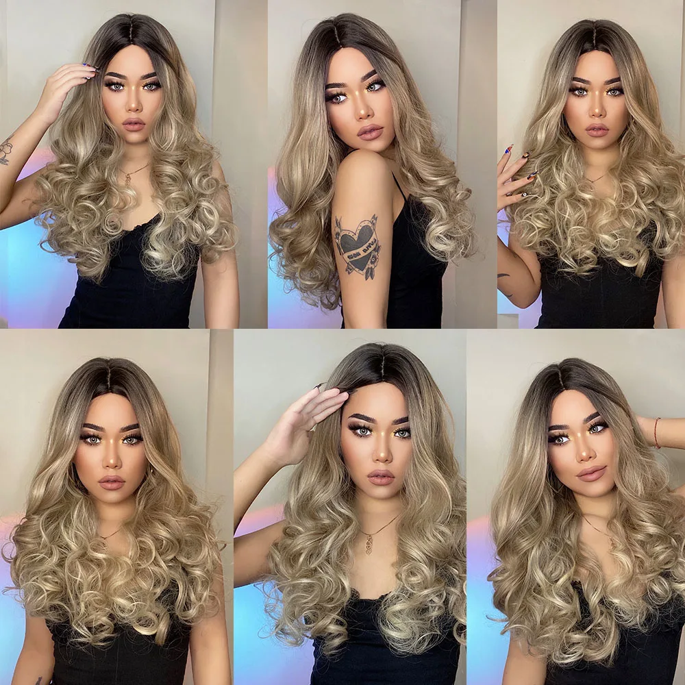 HENRY MARGU Ombre Brown Champagne Blonde Highlight Long Loose Wave Synthetic Hair Wig Natural Fake Hair for Women Heat Resistant