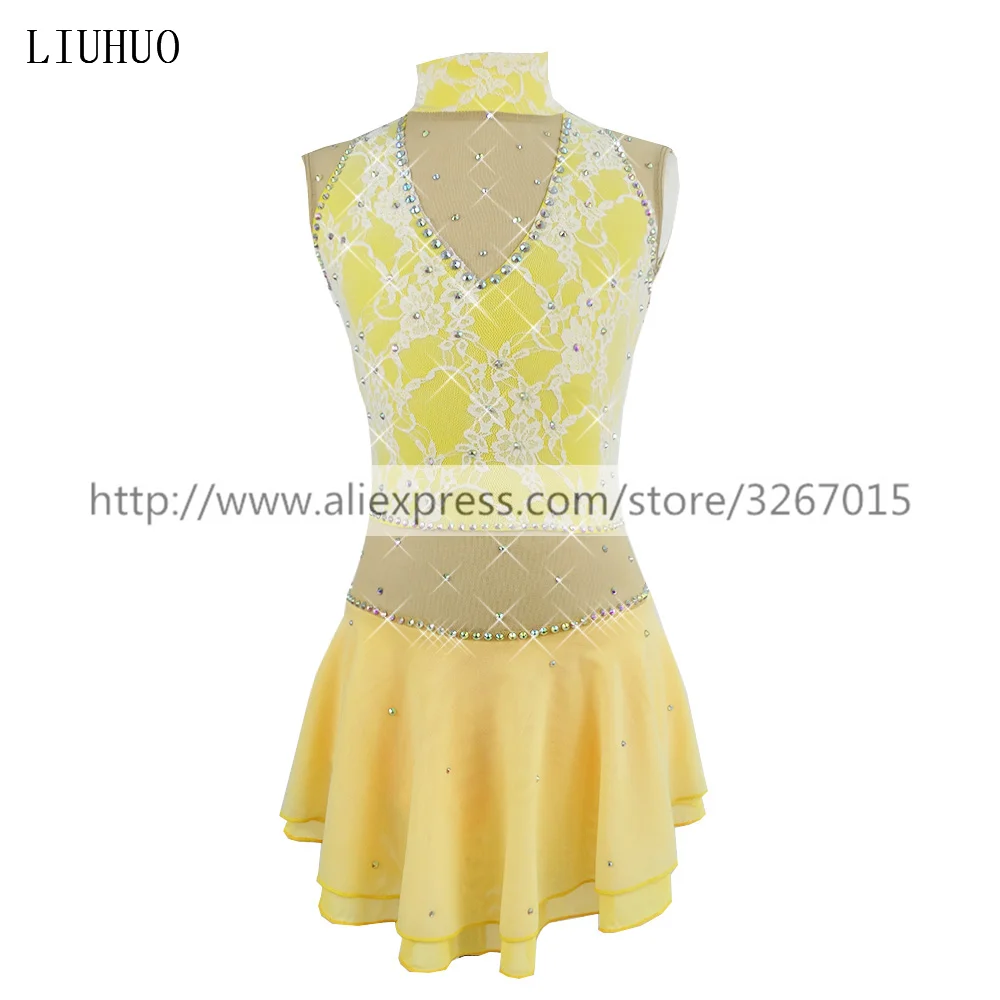 LIUHUO – robe de patinage artistique, col montant, sans manches, en dentelle jaune, vêtements pour enfants, pour femmes et filles