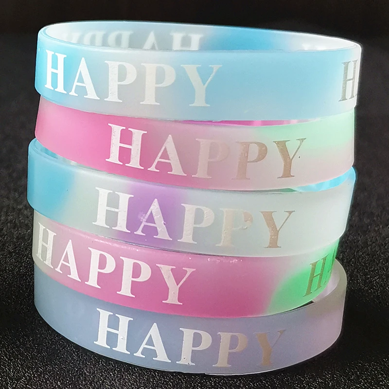 20PCS Lot Multi Night Glowing Shining Silicone Wristband Print Letter Happy Bracelets Fitness Sport Bangles Birthday Party Gifts