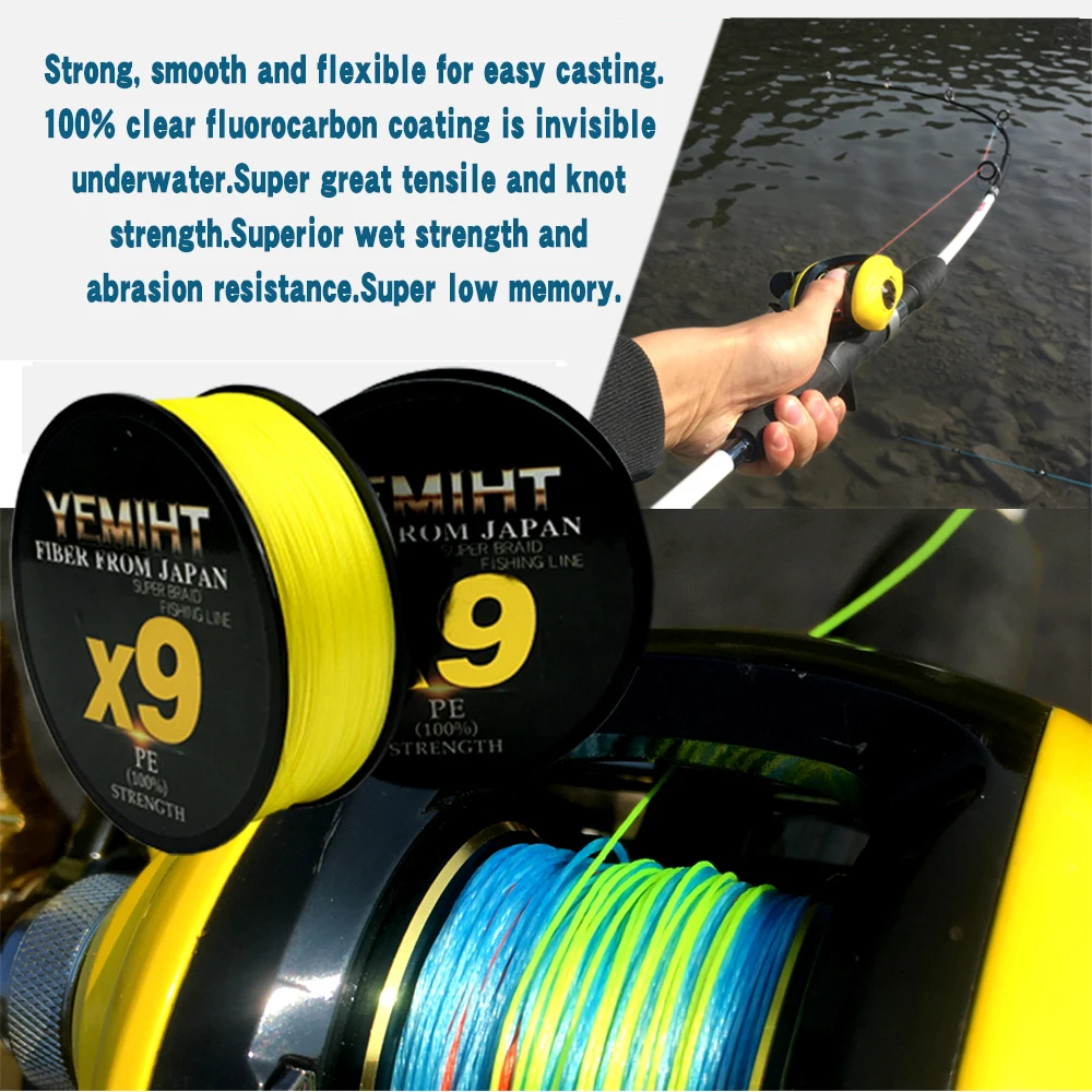 YEMIHT 9 Strands 100/300/500m 9 Weaves 20LB - 80LB PE Braided Fishing Line For Sea Saltwater Fishing