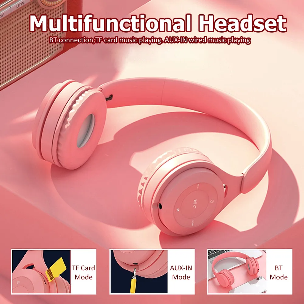 Cuffie senza fili Macaron colore Hifi musica accoppiamento automatico auricolari Bluetooth 5.0 possono inserire TF Card blu rosa giallo cuffie