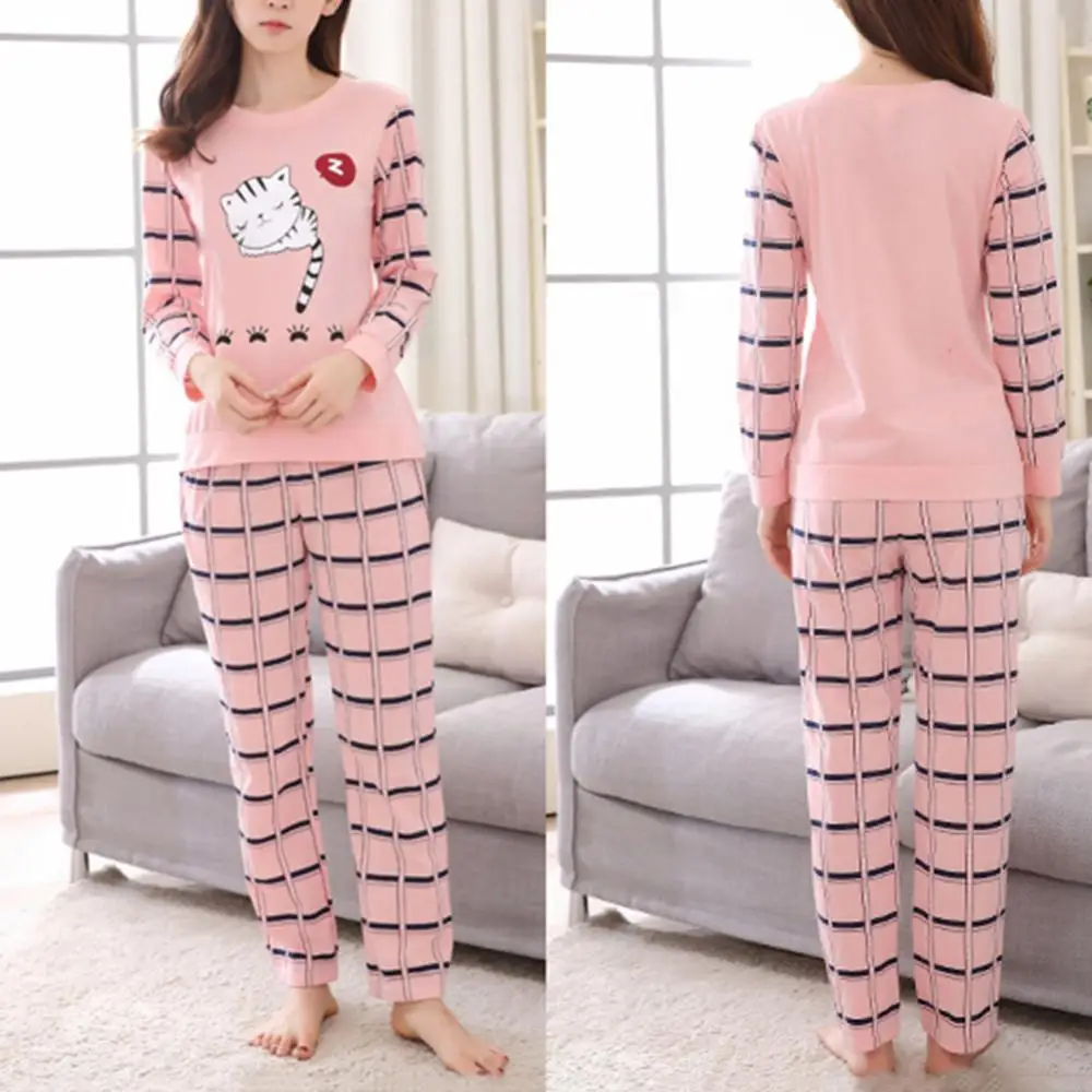 New Pajama Set Winter Cute Cartoon Cat Print Pajama Set Women Two-pieces Long Sleeve Sleepwear Breathable Soft Round Neck Set