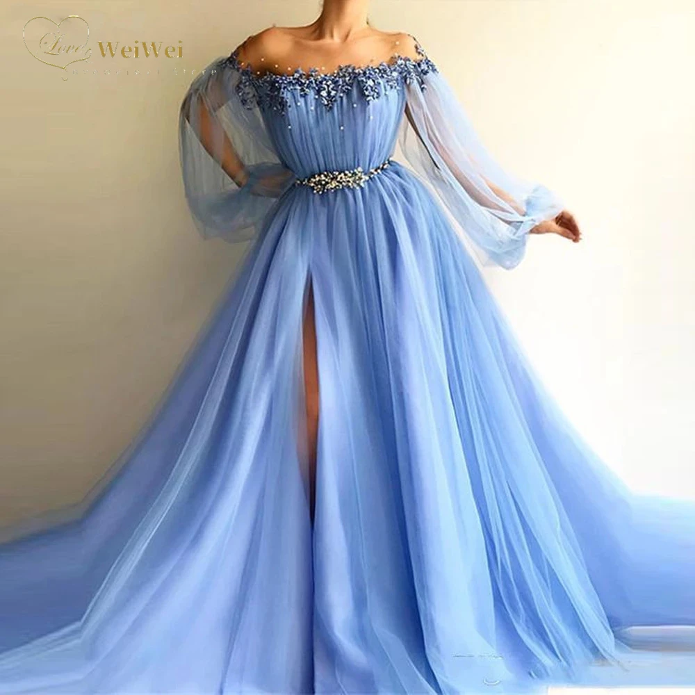 Blauw Uit De Schouder Avondjurken Bladerdeeg Lange Mouwen Applicaties Kralen Tulle Split Side Prom Jurken Vrouw Party Night