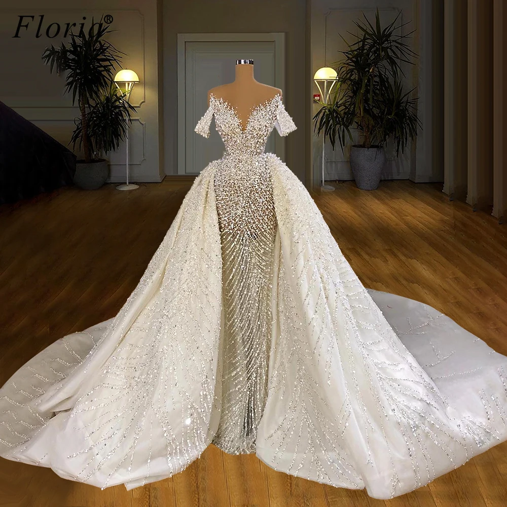 Vestidos de novia blancos con ilusión de tren desmontable, vestidos de novia de sirena, elegantes vestidos de novia de princesa personalizados