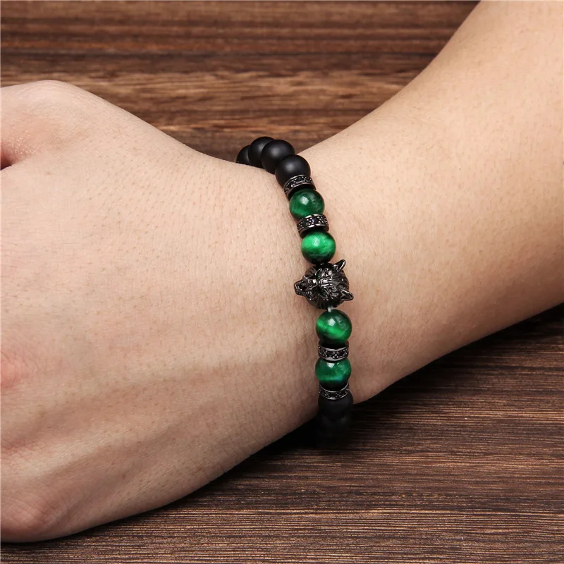 New Handmade 8mm Beaded Bracelet Men Natural Stone Blue Tiger Eye Beads Bracelet Black Wolf Head Charm Energy Bracelet Jewelry