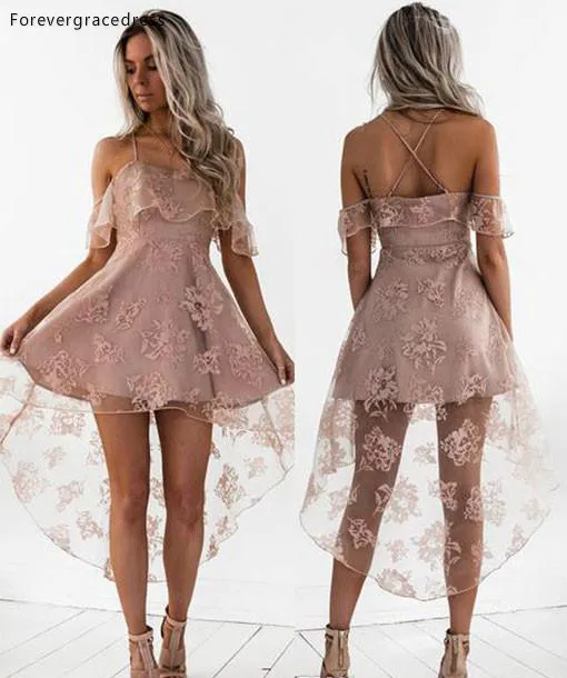 Pale Pink Short Prom Dress Vintage High Low Lace Juniors Sweet 15 Graduation Cocktail Party Dress Plus Size Custom Made