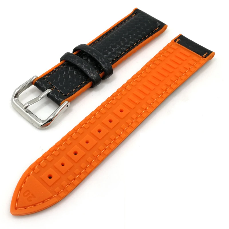 18mm 20mm 22mm Silicone Strap Carbon Fiber Leather Sweat proof Rubber Replacement Bracelet Band Men Watch Accessories Orange