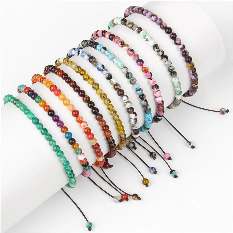 4MM Striped Agates Mini Bracelets For Women Men Fire Dragon Veins Agates Stone Braided Bracelet Pattern Adjustable Rope Jewelry