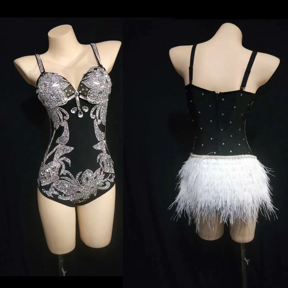 Sexy Feather Hem Rhinestone Bodysuit Women Spaghetti Strap Crystal Party Jumpsuit Nightclub Pole Dance Leotard Stage Costumes