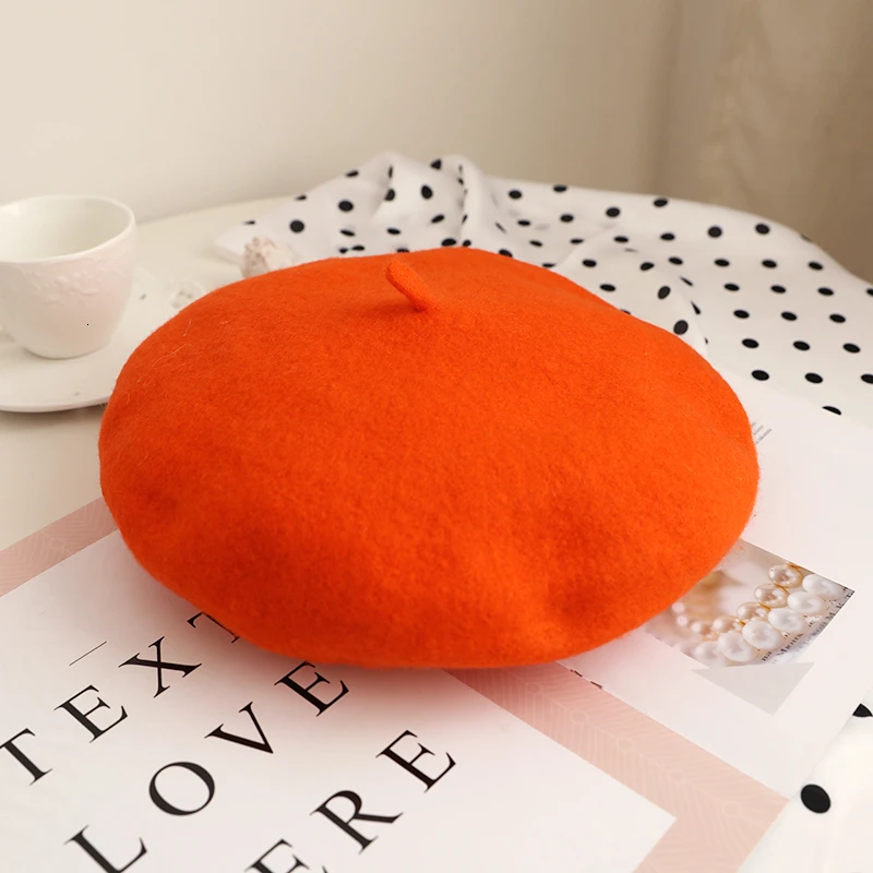 Winter Berets For Women Vintage Wool Knitted Hats Female 2022 New Korean Cute Girl Painter Hat Ladies Beret Orange Hat