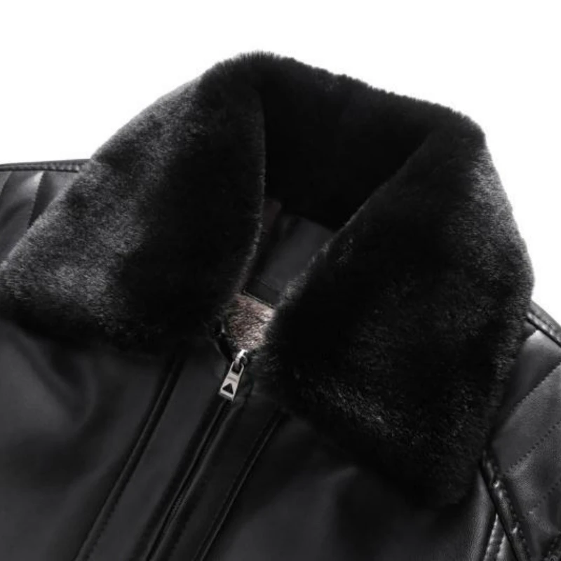Winter Men\'s Leather Plus Velvet Thick Fur One Lapel Leather Jacket Warm Casual Slim Smart Mens Leather Jacket Male Winter Coats