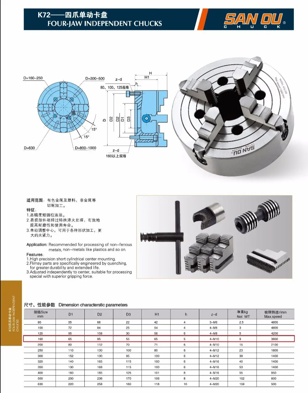 SAN OU Lathe Chuck 160mm Four Jaw Independent Chuck K72-160 Front Four Hole 4 Jaw Lathe Card