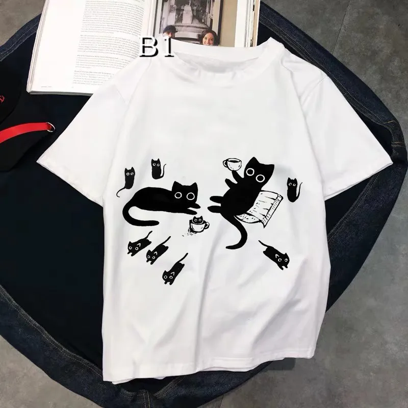 Nette Schwarze Katze Frauen T Shirts Neue Top Weibliche T-shirt Lose Kawaii T-shirt Graphic Tee shirt Weiß Frauen Sommer Oversize T Shirt