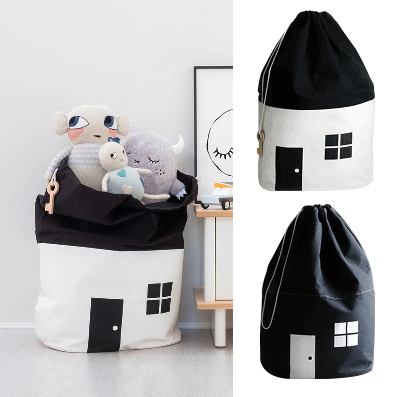 INS Toy Storage Organizer Bag Drawstring Bag Nordic Style House Shape Design Kids Storage Basket Cotton Canvas Home Decor Gift