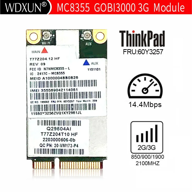 Cartão sem fio Sierra para Thinkpad, MC8355, GOBI3000, GPS, 3G, HSPA, EVDO, WWAN, X220, T420, T520, X230, T430, T530, W520, W530, 60Y3257